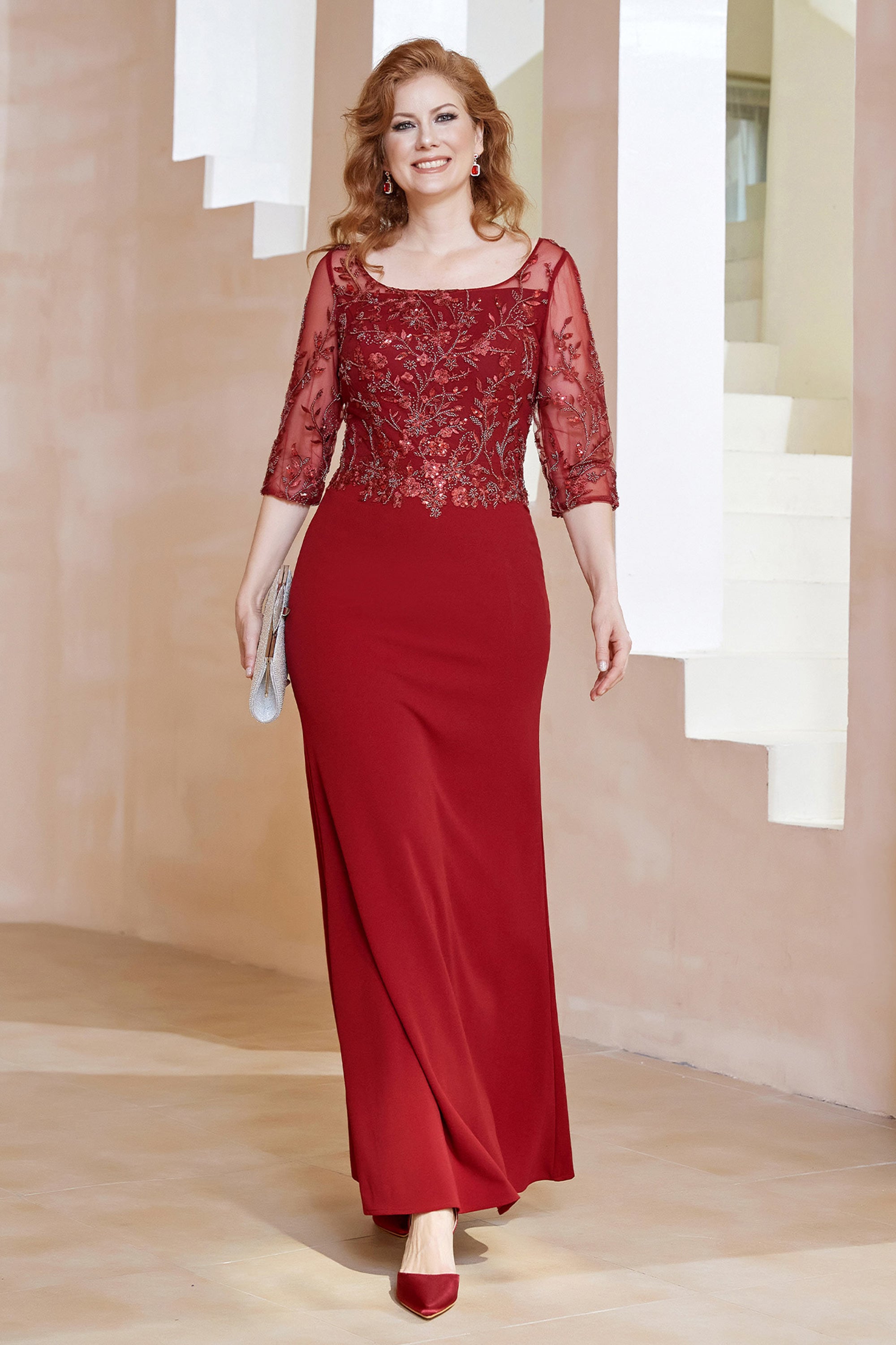 Vestidos largos de terciopelo estilo sirena con cuello barco Salvia polvorienta
