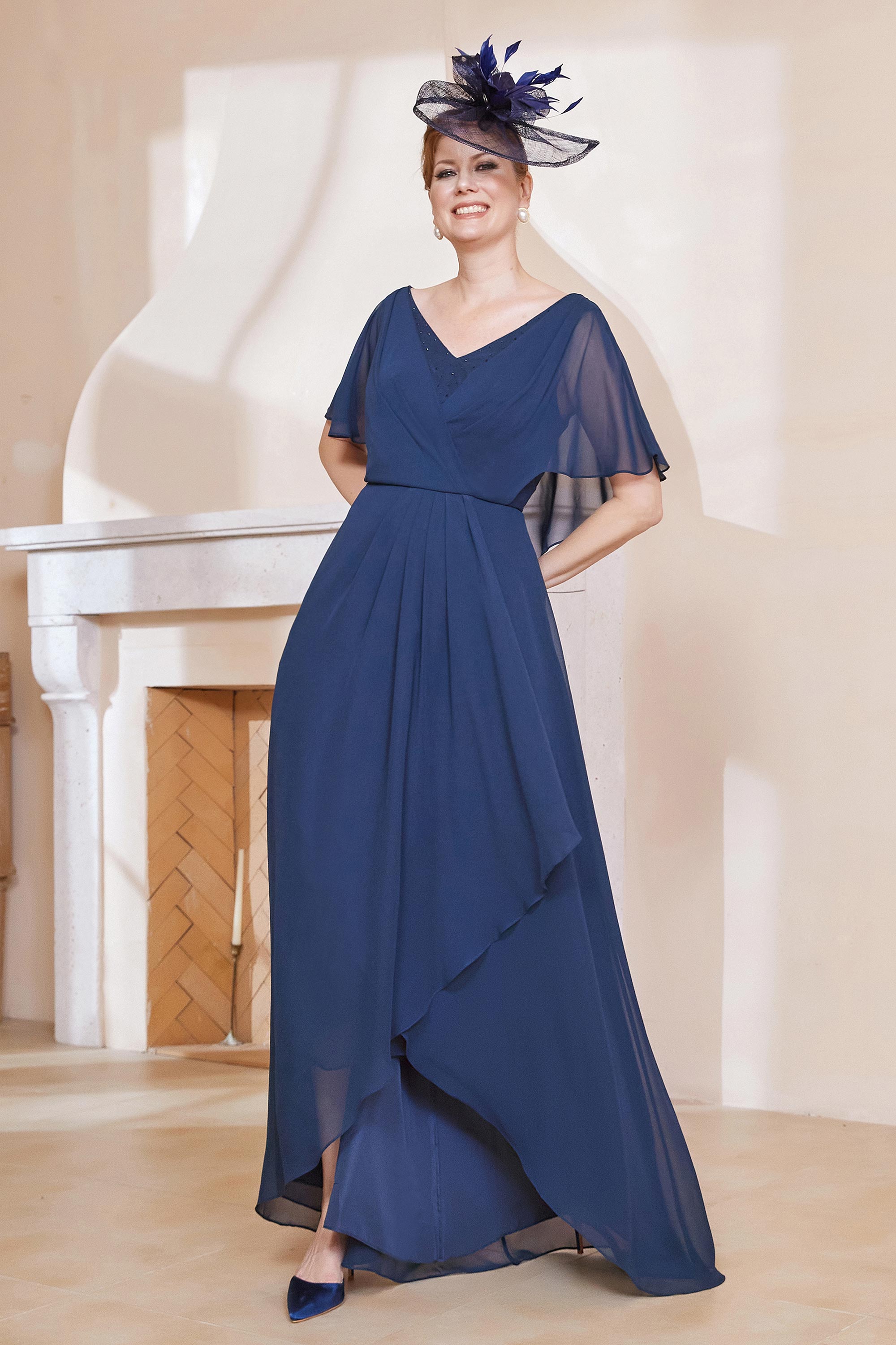 Vestidos largos de chiffon con escote en V y cinturón de lazo con abertura Verde